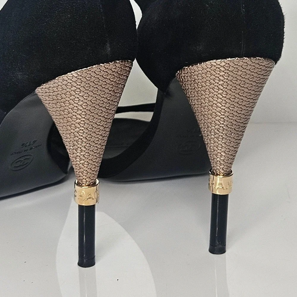 Chanel 2016 Black Suede Satin Gold CC Logo High Heels Sandals Shoes Strappy 41.5